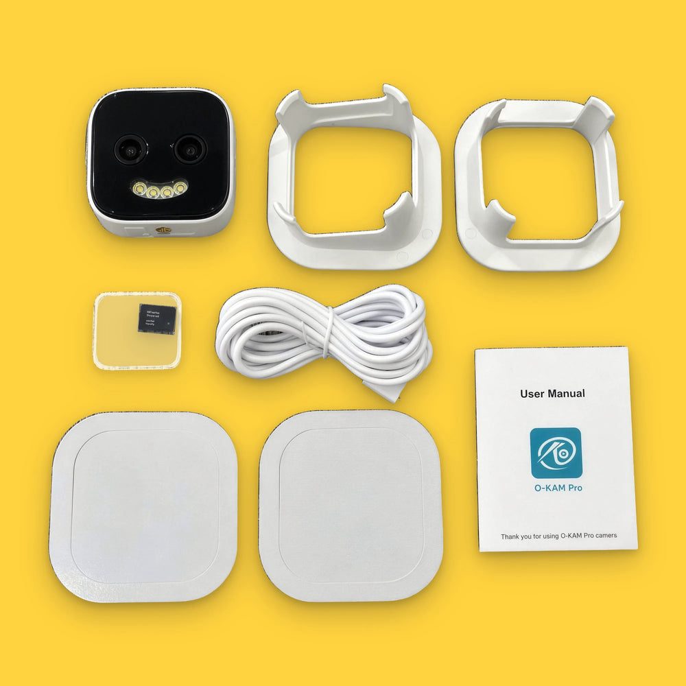 Actual SmileCam camera, mounting brackets, adhesive pads, USB cable and instruction manual.