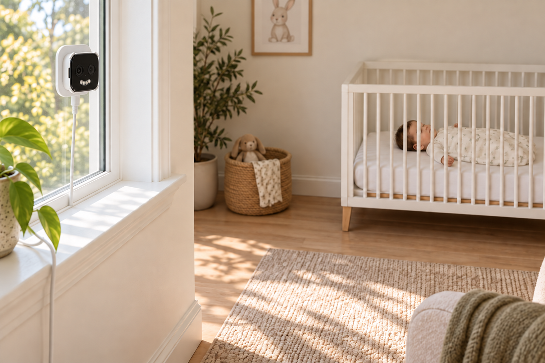 Illustrative daytime nursery with SmileCam clipped into an adhesive bracket on the window glass, facing into the room and positioned away from the cot.